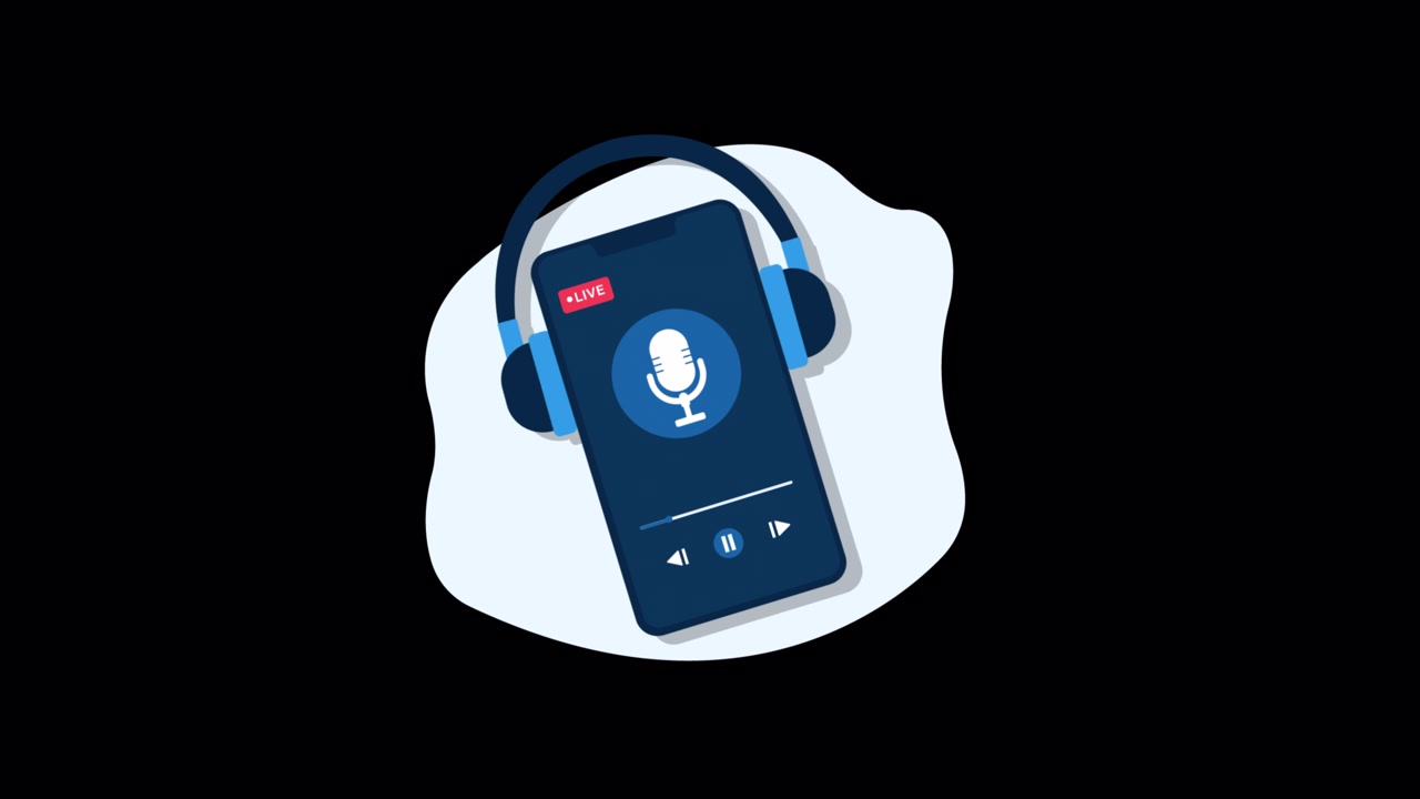 Smartphone che mostra un'app per podcast in diretta con cuffie