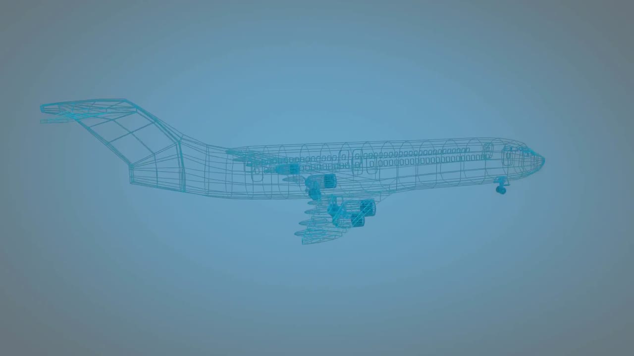 dibujo técnico giratorio de un avión sobre un fondo azul