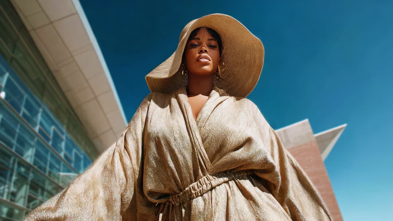 A Stunning Outdoor Fashion Shoot Featuring a Confident Model Dressed in a Luxurious Gold Robe and Wide-Brimmed Hat, Set Against a Clear Blue Sky and Modern Architecture