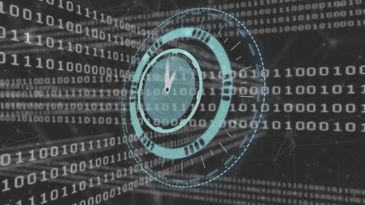 animación de reloj moviéndose rápidamente con redes a través de codificación binaria