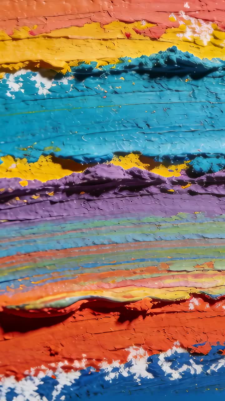 Video verticale: Spostamento della telecamera che mostra pittura a strati su un tavolo, evidenziando i segni della spatola.