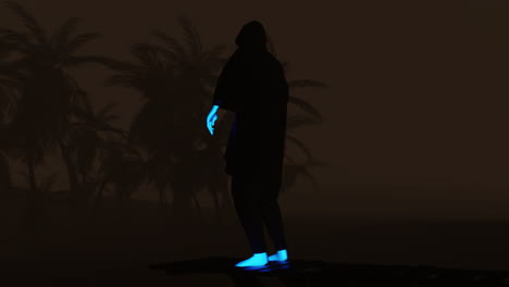 glowing figure in dark landscape