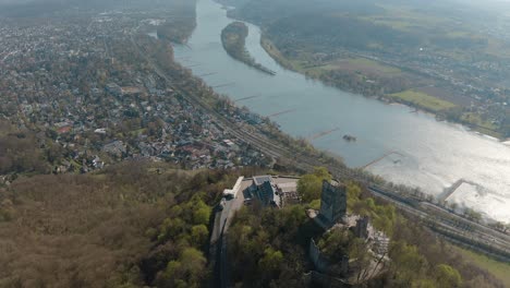 drone - aerial shot of the drachenfels with the river rhine siebengebirge near bonn - königswinter