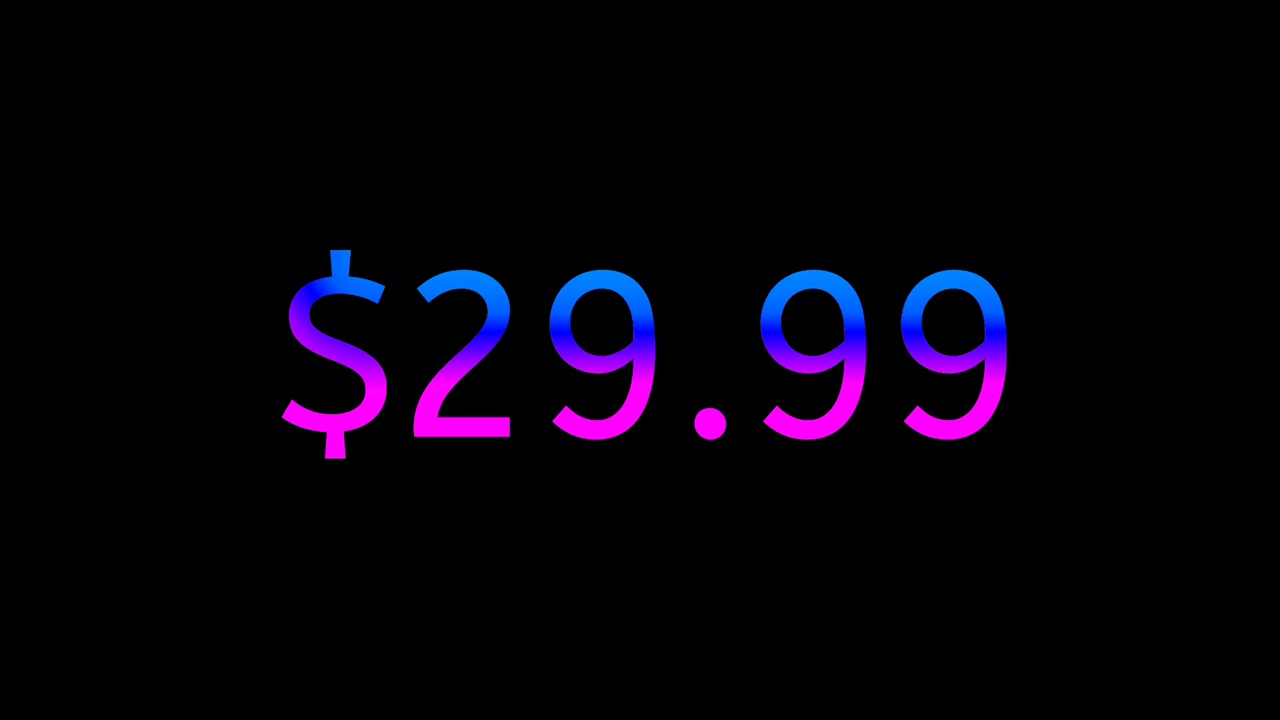 Siyah arka plan üzerinde modern neon fiyat etiketi (29.99 dolar), parlayan gradyan para birimi metni ve hareketli grafik animasyonu, döngüsel iş konsepti.