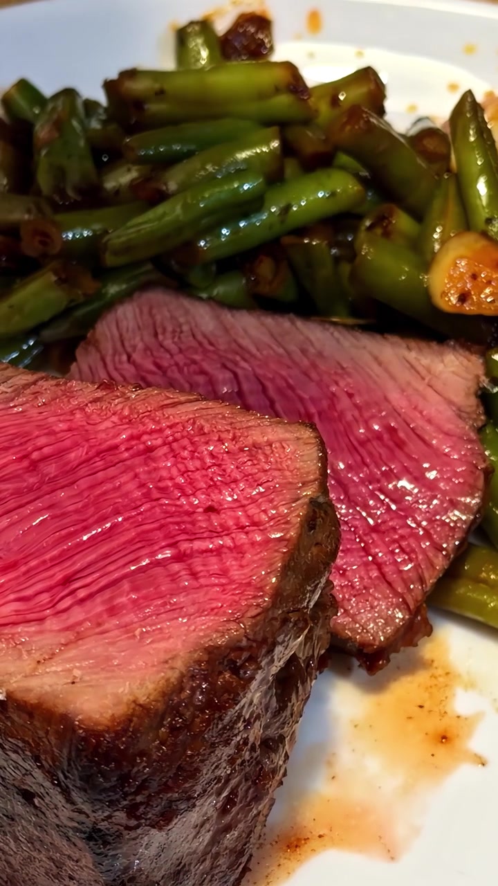 Fette di manzo tenere al sangue abbinate a fagiolini saltati in padella su un piatto bianco. Perfetto per blog culinari o programmi di cucina.