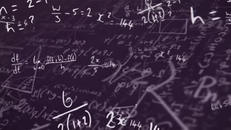 Animation-of-multiple-mathematical-equations-on-purple-background