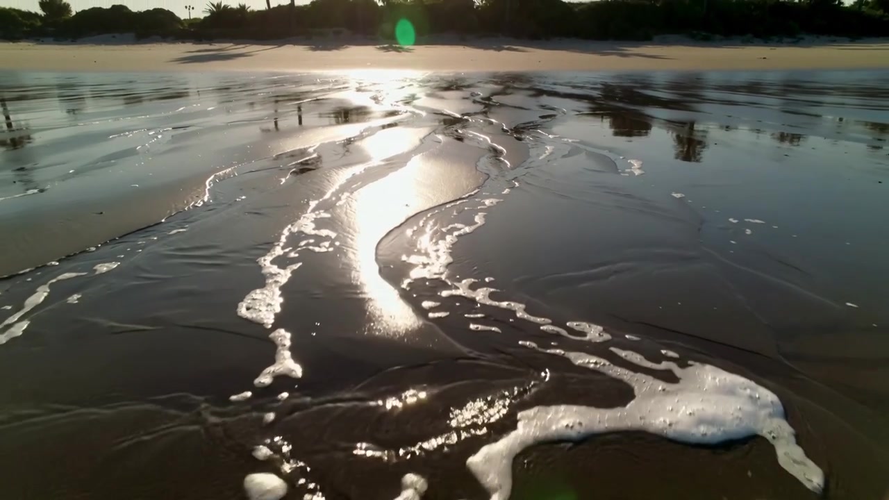 Toont terugtrekkend tij dat waterkanalen over nat zand aan de kust trekt, met schuim en zonschittering.