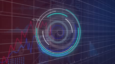 Animación-Del-Escáner-Redondo-Y-Procesamiento-De-Datos-Estadísticos-Sobre-Un-Globo-Giratorio-Sobre-Fondo-Púrpura