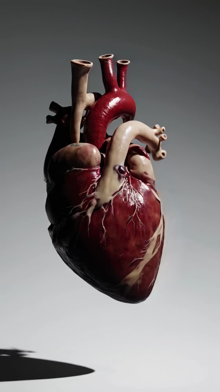 The video showcases a realistic 3D model of a human heart, highlighting intricate details