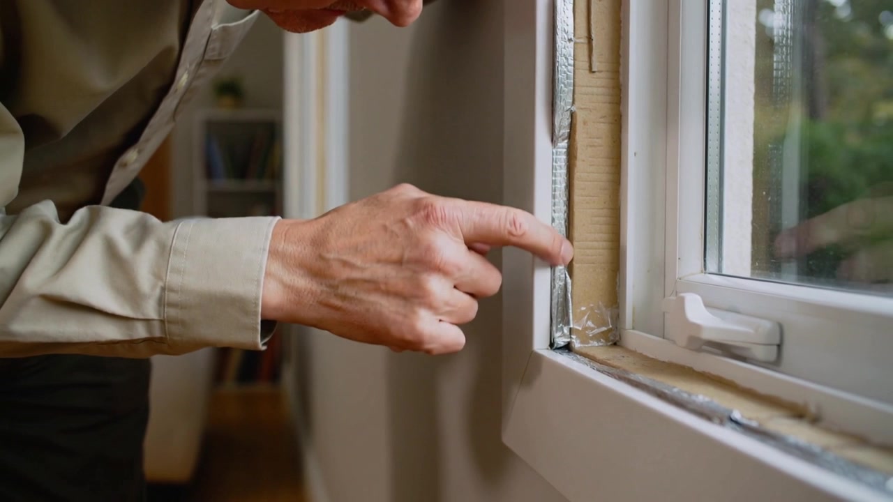 Noticing gap, senior in light shirt tracing and probing UPVC window seam at home, assessing sealant