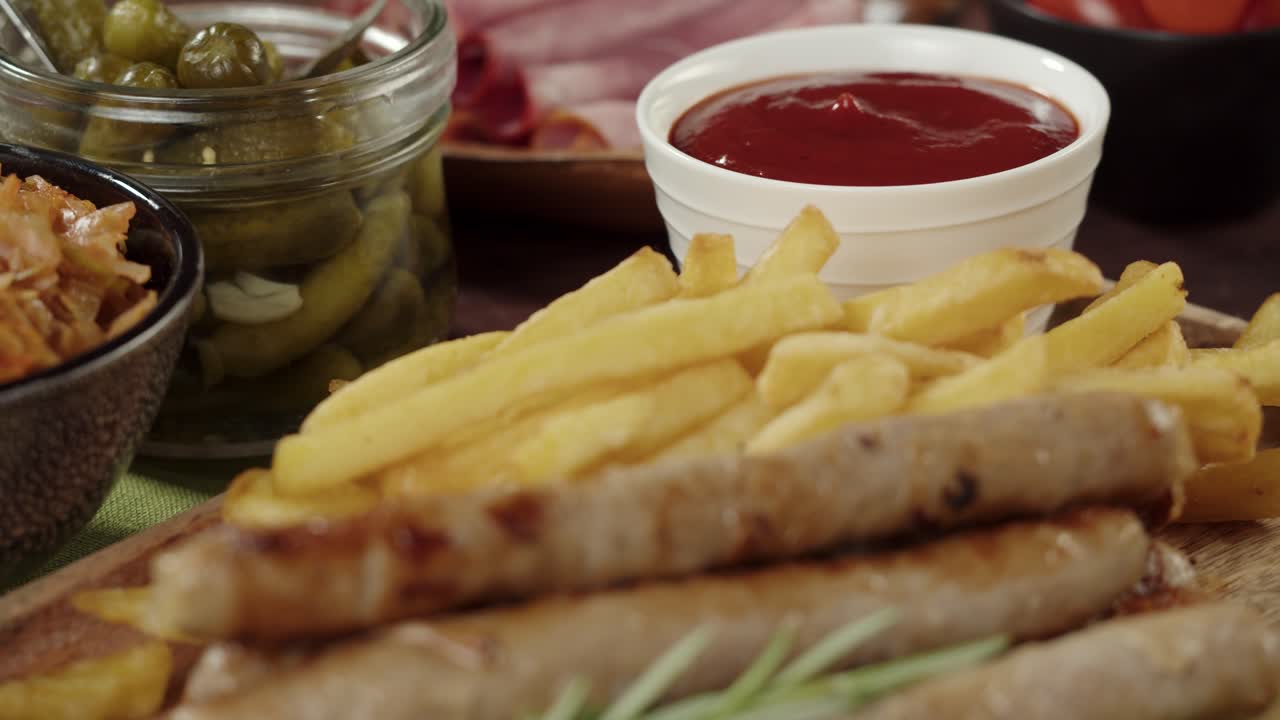 Salsicce alla griglia e patatine fritte con ketchup e cetrioli sottaceto