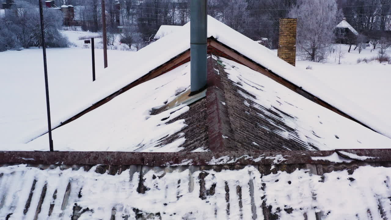 вид с воздуха на трубу с дымом в сельской деревне, установочный кадр