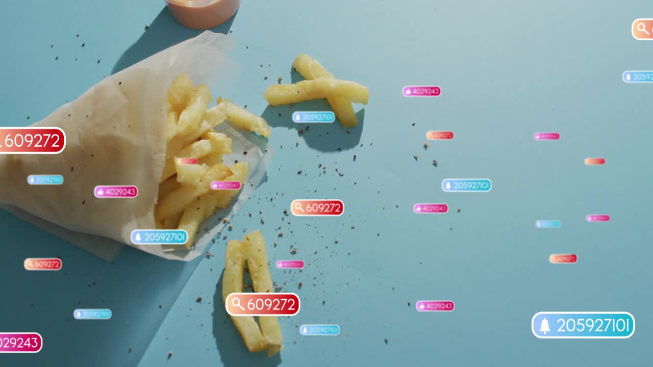 Flat design French fries spilling from paper cone wrapper on tabletop with floating digital tags