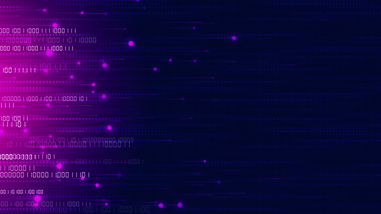 Binary code. Numbers and bright particles move on a dark blue background. Lines and pixel points. Pink glow. Looped abstract animation.