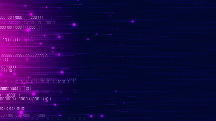 Binary code. Numbers and bright particles move on a dark blue background. Lines and pixel points. Pink glow. Looped abstract animation.