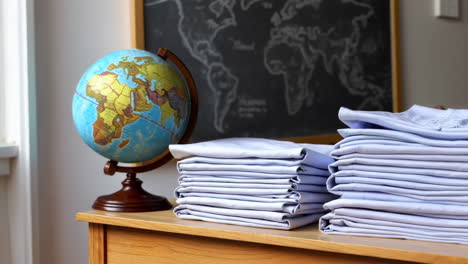 school classroom with stacked uniforms and globe