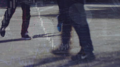 animation of financial data processing over people walking on street and electricity pylon