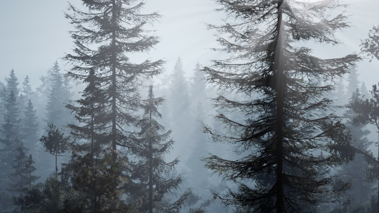 안개 가 있는 이른 아침 에 안개 가 있는 북유럽 숲