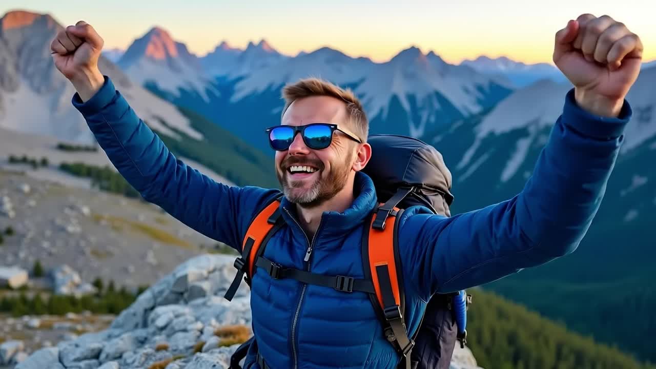 un hombre parado en la cima de una montaña con los brazos en el aire