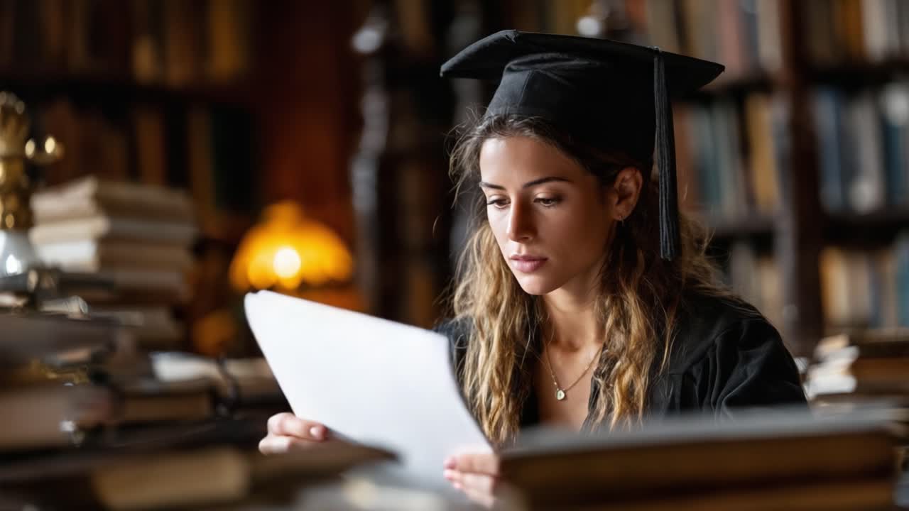 A Graduate's Moment of Reflection: A Young Woman in Academic Regalia Engaged in Deep Thought Amidst a Sea of Books in a Cozy Library Setting