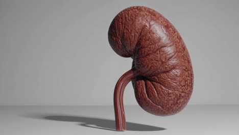 realistic kidney model rotating on a white background, showcasing its anatomical details and ureter, providing a visual aid for medical education