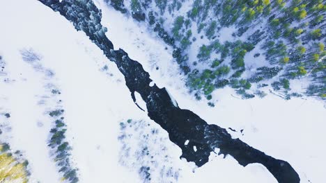 Rise And Spin Above Powerful River Among Snowbound Valley And Forests