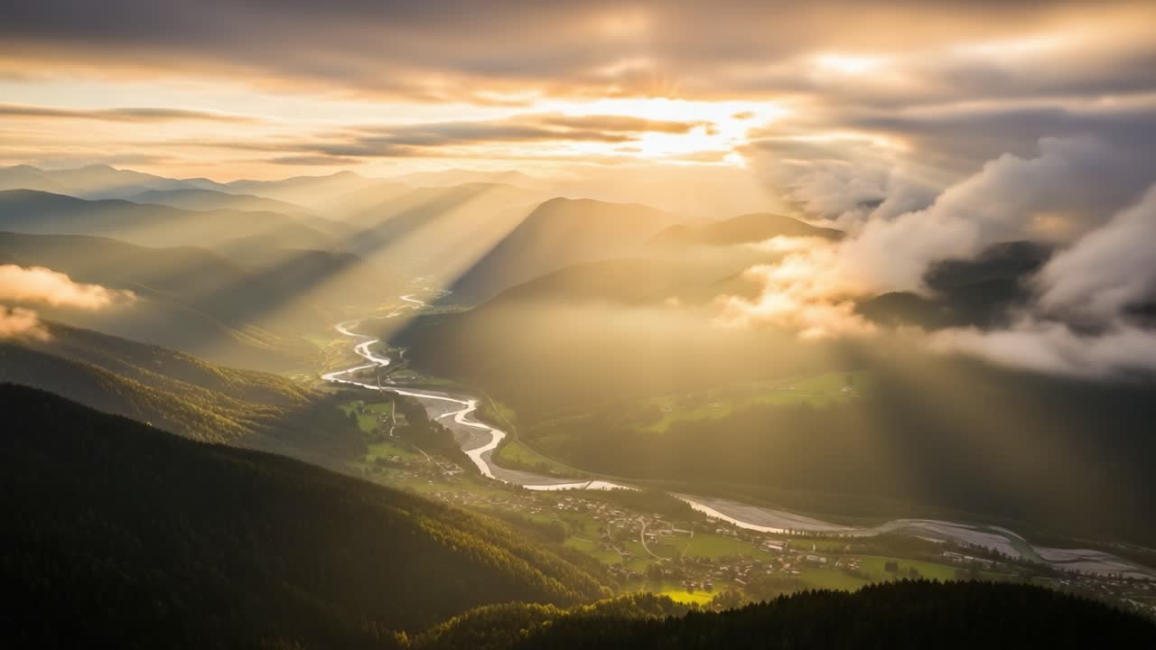 Majestic Valley Landscape with Sun Rays Piercing Through Clouds