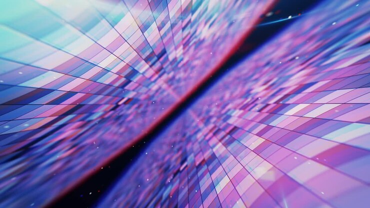 Flying in an abstract space with glowing flashing squares, blue red pink violet spectrum, fluorescent ultraviolet light, modern colorful lighting, 4k seamless loop cg animation