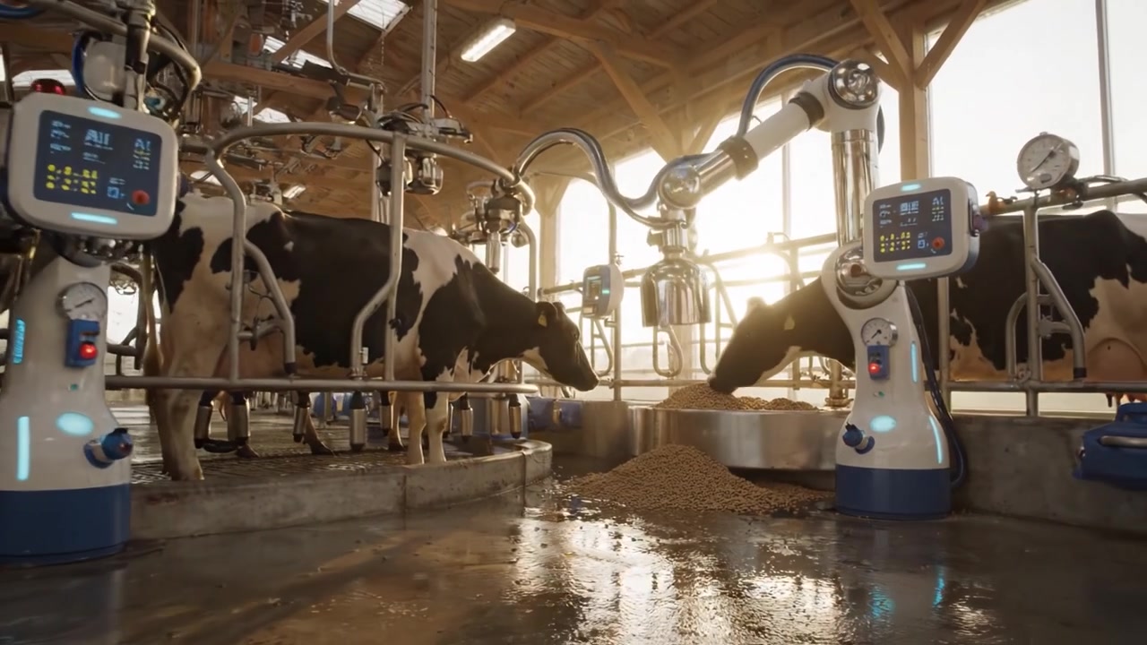 Automated Dairy Farm with Milking Machines and Cows in a Well-Lit Barn Environment, Showcasing Modern Farming Techniques and Equipment for Sustainable Agriculture