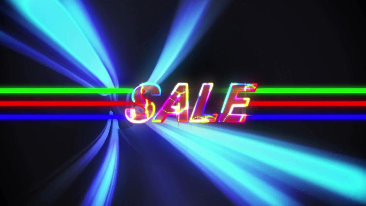 Testo animato "Saldi" con effetto glitch e scie di luce blu