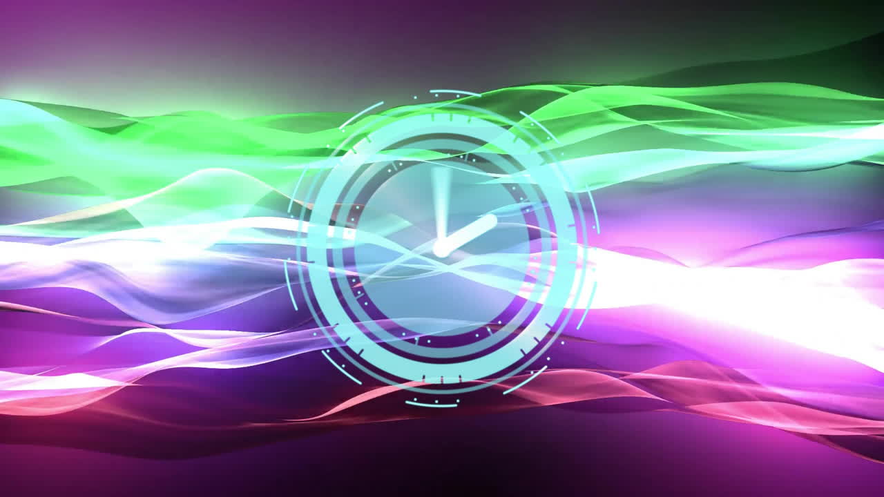 Circular HUD interface floating over dark gradient backdrop, displaying neon light waves
