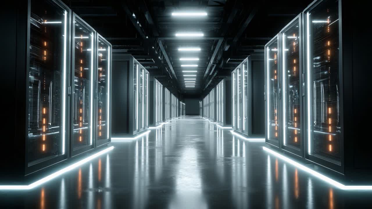 Et futuristisk datacenter med fokus på højteknologiske serverracks i en elegant, oplyst korridor, der viser udviklingen af digital infrastruktur og databehandlingskraft
