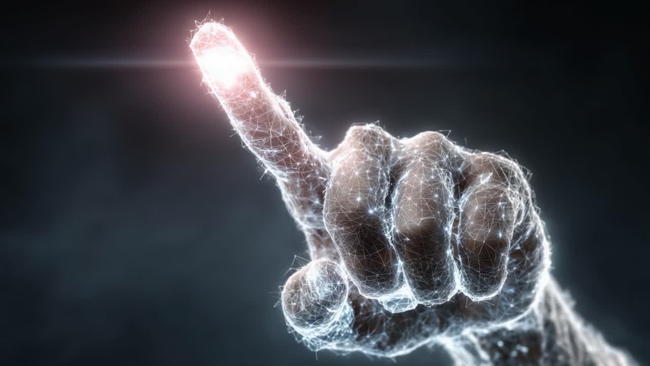 Un momento trasformativo catturato: una mano digitale perseverante si protende con un punto di luce scintillante in una rappresentazione astratta e futuristica della tecnologia e della connessione.