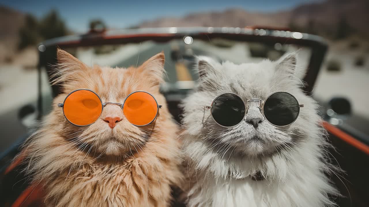 Due gatti eleganti in un viaggio panoramico: un'adorabile avventura on the road con amici felini che indossano occhiali da sole in una decappottabile classica