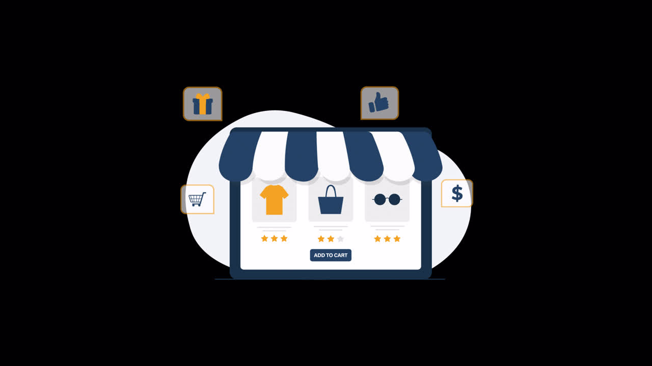 Sito e-commerce animato visualizzato su uno schermo di laptop