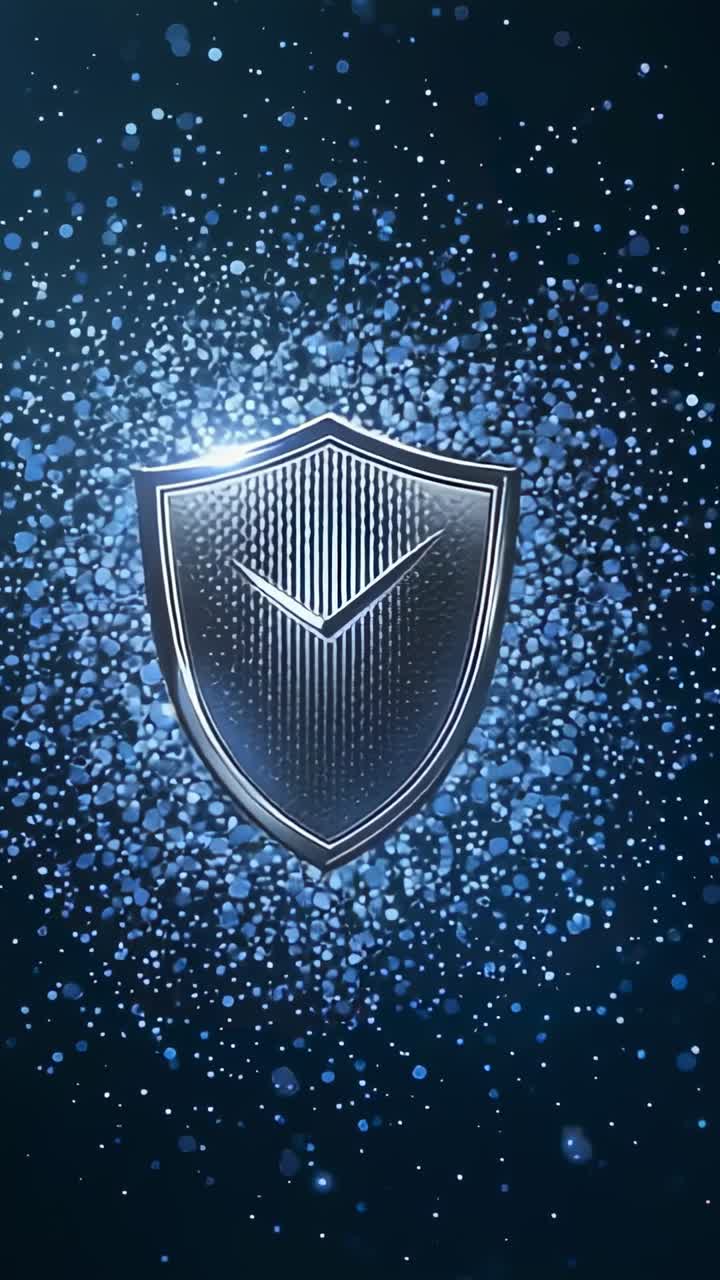 Vertical video: Pulsing chrome shield in blue field as bokeh pulling inward, rim glint for safety