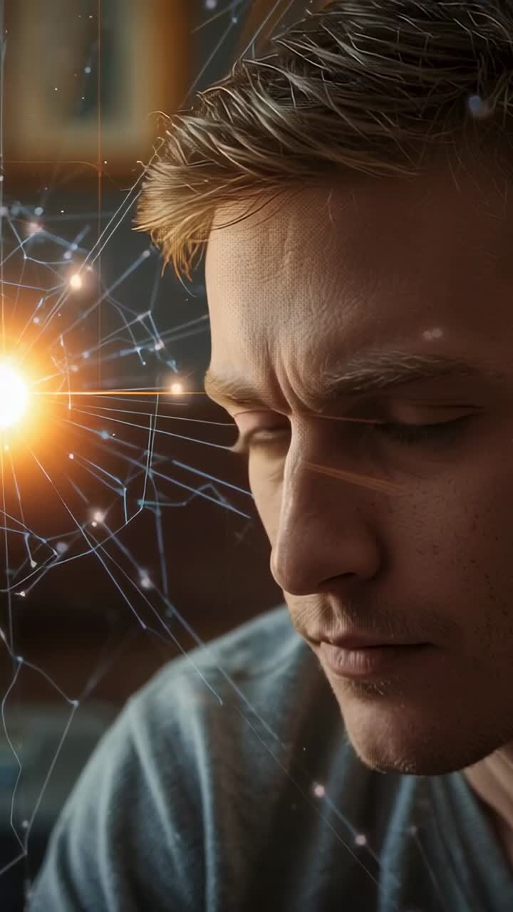 Vertical video: Man reacting to pulsating network by shifting gaze upward at office, copy space