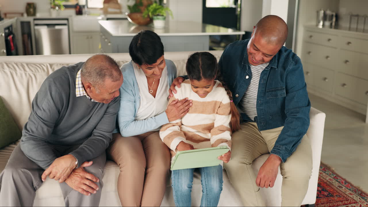 Tablet, big family and kid in home for care