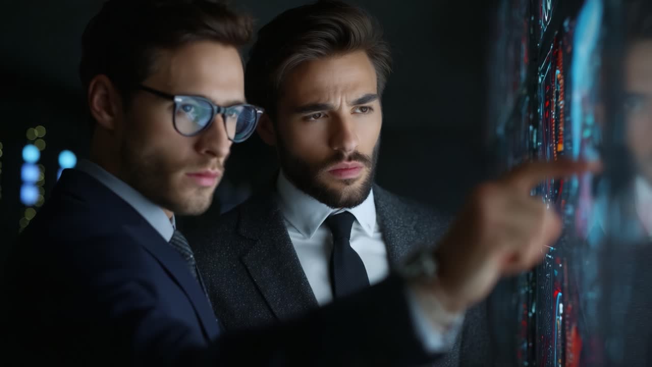 Confident Professionals Analyzing Data Visualization on Interactive Display During Strategic Discussion in a Modern Office Environment