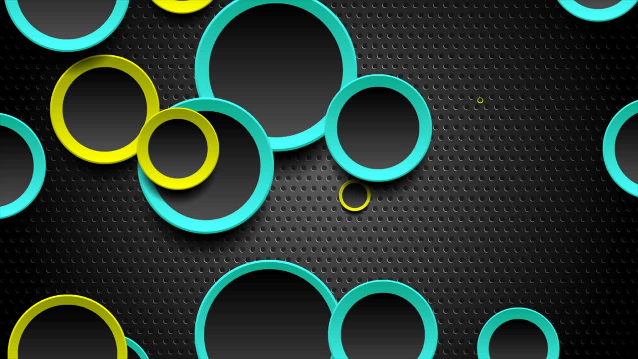 Cyan and green abstract circles on dark perforated background