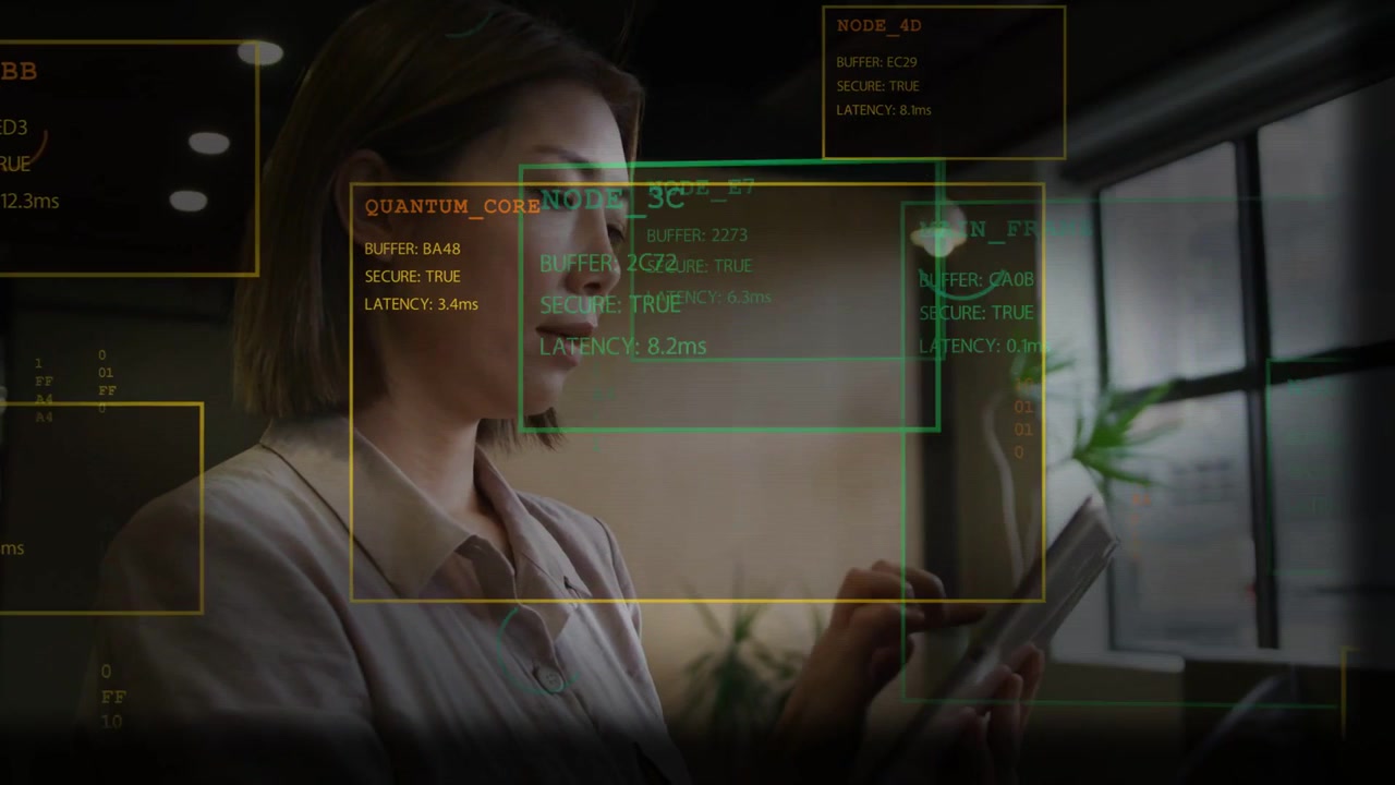 Woman tapping stylus on tablet in tech office, animating HUD nodes and monitoring latency
