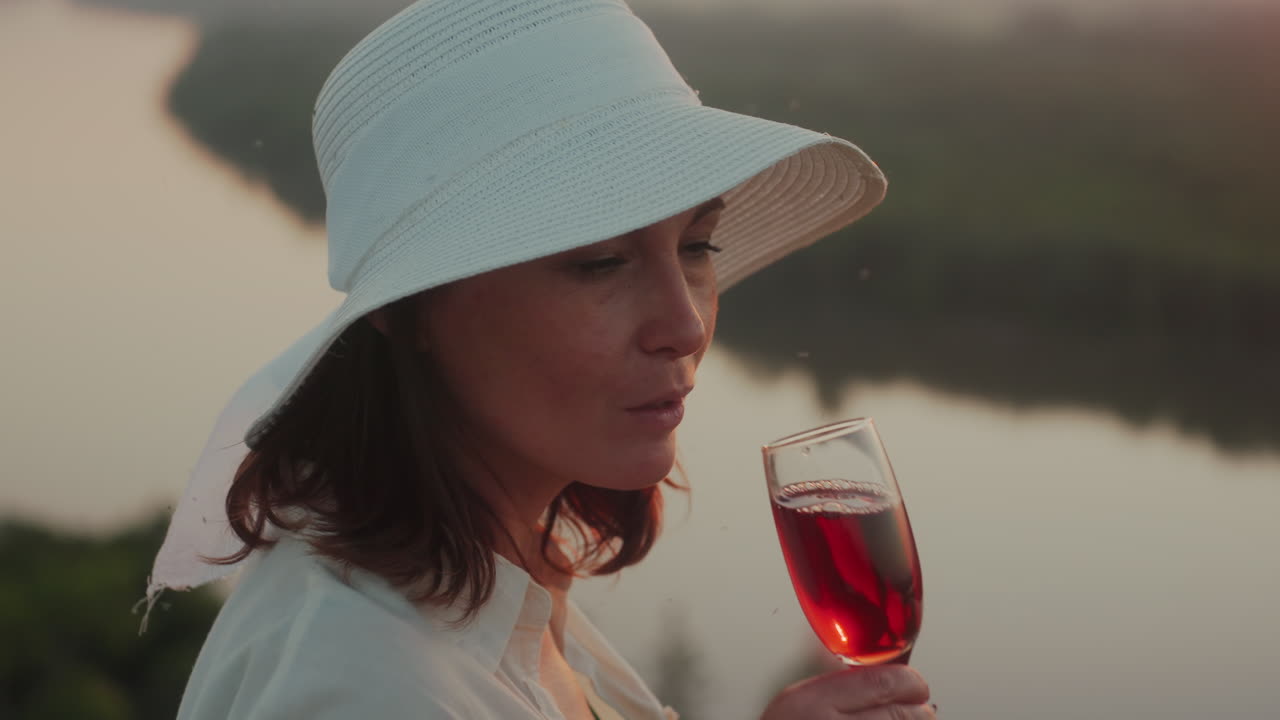 Woman in white hat turns gracefully holding wine glass near calm river during sunset, smiling softly as insects fly gently through golden evening air