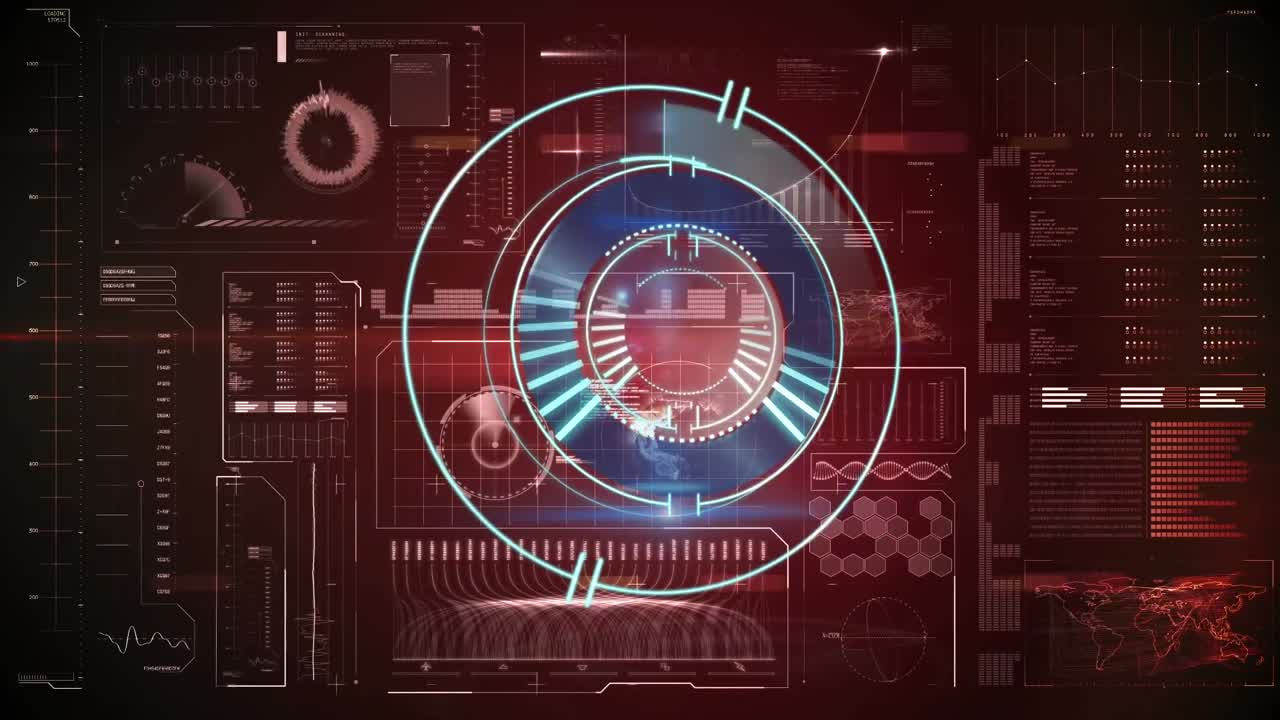Animation of scope scanning over data processing on red background