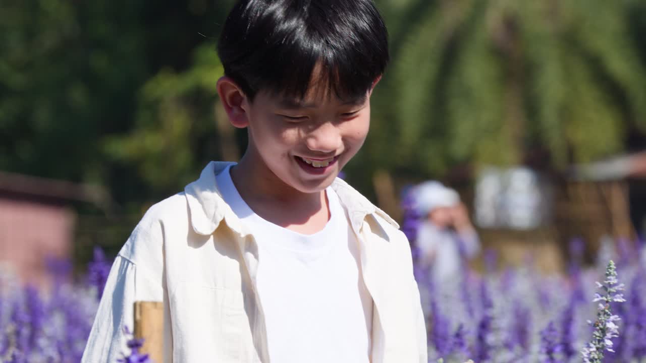 Ragazzino passeggia in un campo soleggiato di fiori viola, sorridendo e guardando in basso, luce naturale