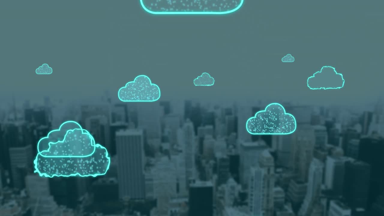 animación de nubes digitales volando sobre el paisaje urbano
