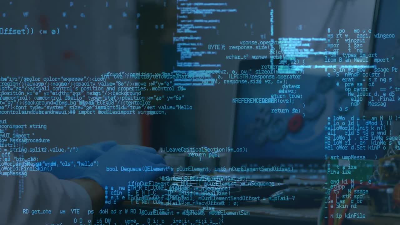 Animation of data processing over hands of caucasian male engineer with laptop