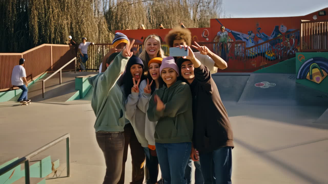 Group of friends taking a selfie at a skatepark