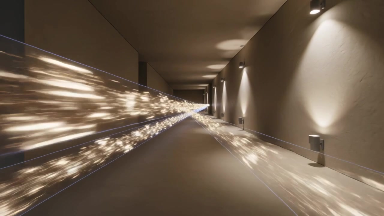 Emergendo da un'apertura, due flussi luminosi che percorrono un corridoio con applique che illuminano il pavimento.