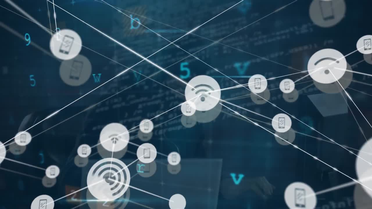 Animation of network of connections with icons and data processing over hacker