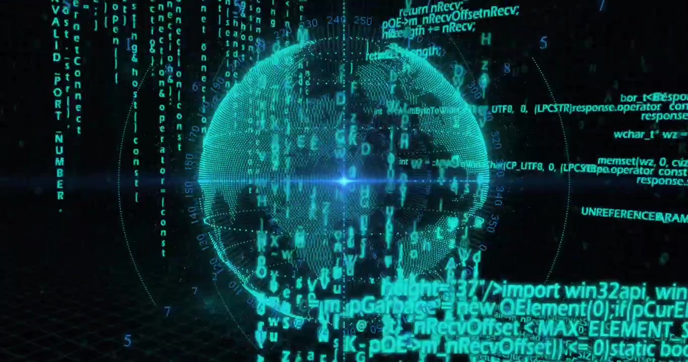 Data feed driving teal globe rotating in tech HUD, with orbit rings, pulsing flare, flowing code